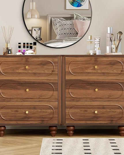 3 Drawer Fluted Dresser for Bedroom, Mid Century Modern Chest of Drawers, Wood Storage Small Dresser Organizer for Bedroom Living Room Hallway Closet, Walnut