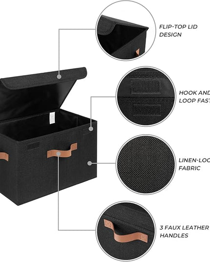 GRANNY SAYS Storage Bins with Lids, Decorative Storage Boxes with PU Handles, Black Storage Bin, Linen Closet Organizer, Shelf Baskets, Fabric Storage Bins for Clothes