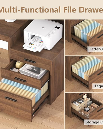 Computer Desk with 3 Drawers & Storage Shelves, 65 Inch Home Office Desk with File Drawer & Cabinet, Writing Study Desks with Monitor Stand & Printer Shelf, Executive Desk, Brown