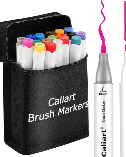 Caliart Markers Brush & Chisel, 18 Colors Alcohol Markers for Adult Coloring Book, Dual Tip Art Pen Set for Artist Illustration Sketch Drawing Gift