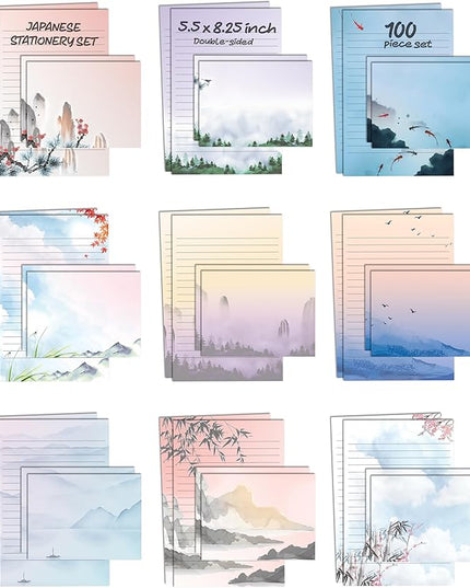 Better Office Products Mini Stationery Set of 100, Japanese Stationery Paper (50 Lined Sheets + 50 Matching Envelopes), 5.5 x 8.25 inch, 9 Designs, Double Sided Printing, One Side Lined Paper,