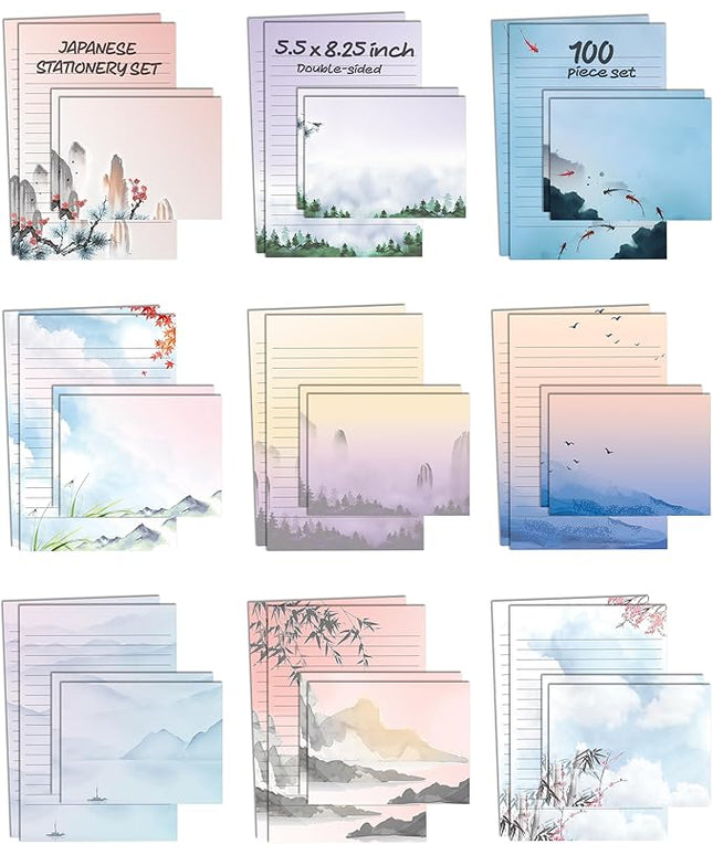 Better Office Products Mini Stationery Set of 100, Japanese Stationery Paper (50 Lined Sheets + 50 Matching Envelopes), 5.5 x 8.25 inch, 9 Designs, Double Sided Printing, One Side Lined Paper,