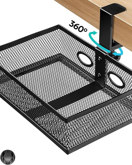 Pulchrum Under Desk Drawer Organizer Clamp On - 360° Swivel Metal Mesh Storage Basket, Hidden Rotating Desktop Tray for Standing Desk, Office Supplies & Gaming (No Drill, Black)
