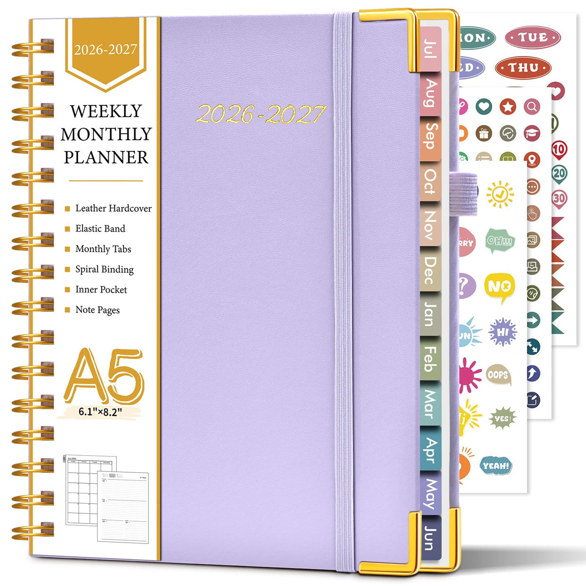 Academic Planner 2026-2027, Hardcover Leather Weekly and Monthly Calendar Planner from July 2026 - June 2027, A5 6.1" x 8.2" Daily Agenda with Tabs, College School Organizer for Student Teacher, Purple
