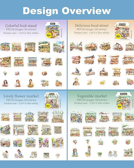AuriicLeaf Farmers Market PET Stickers, 80PCS Bazaar-Themed Journal Supplies for Scrapbooking, DIY Crafts, and Planner Embellishment