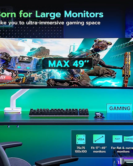 Ultrawide Monitor arm for 17-49'' Heavy Duty Screen up to 44lbs, Gas Spring Single Monitor Arm with RGB Light, Adjustable Gaming Computer Monitor Arm for Desk, White