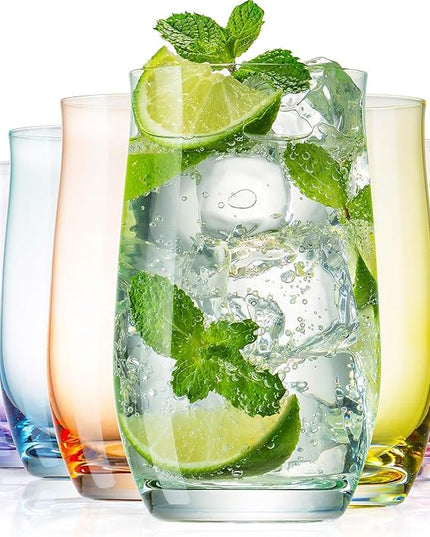 BENETI Premium Glass Cups, Highball Drinking Glasses Set of 6 | Made in Europe Water and Juice Kitchen Glassware | Colored Glasses Set, Perfect for Party's and Gifts for Men and Women of All Ages