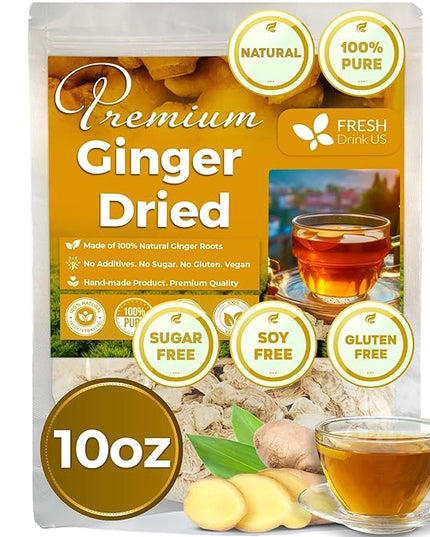 FreshDrinkUS, Premium 10oz Natural Ginger Roots, Cut and Sifted, 100% Natural & Pure from Ginger Roots, Ginger Tea, Ginger Loose Herbal Tea, No Additives, No Caffeine, Vegan