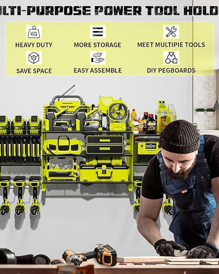 45" Large Power Tool Organizer Wall Mount with Charging Station - 3 Layer Storage Racks with 8 Cordless Drill Holder, 4 Hooks, Heavy Duty Garage Tool Organizer Storage for Workshop Pegboard Basement