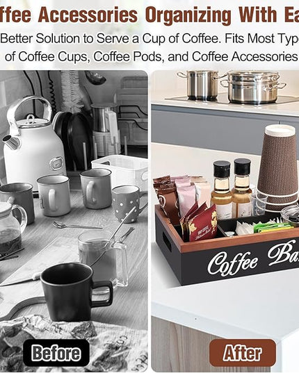 Wooden Coffee Organizer Holder with Divided Sections & Cutout Handle, Farmhouse Coffee Bar Organizer for Pods, Cups, Lids, Syrups, Stirrers & Accessories – Ideal Gift for Home or Office