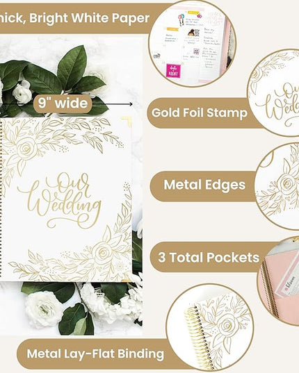 bloom daily planners Hard Cover Wedding Day Planner & Organizer (Undated) - 9" x 11" - Gold Floral