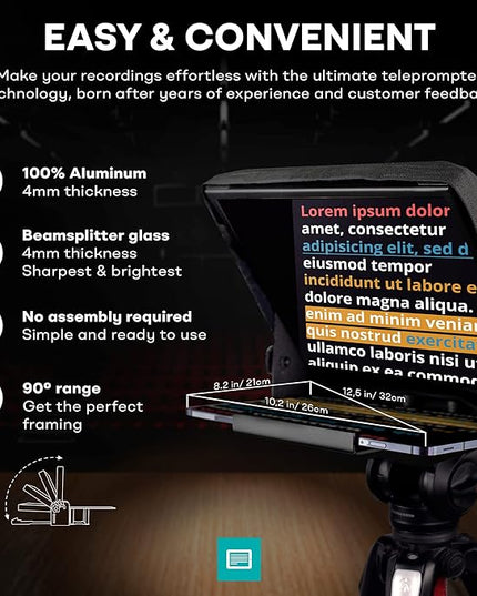 iLight PRO 12" Autocue teleprompter iPad Tablet - Kit teleprompter for Video with Remote Control, APP & Carry Bag, Beam Splitter Prompter DSLR, iPhone, APP for Apple Android Mac Win