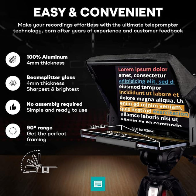 iLight PRO 12" Autocue teleprompter iPad Tablet - Kit teleprompter for Video with Remote Control, APP & Carry Bag, Beam Splitter Prompter DSLR, iPhone, APP for Apple Android Mac Win