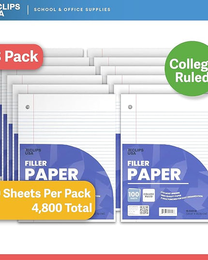 Loose Leaf Paper College Ruled Notebook Paper College Ruled Lined Writing Filler Paper 10.5” x 8” 4800 Sheets 100 Sheets Per Pack 60 gsm (48 Pack)