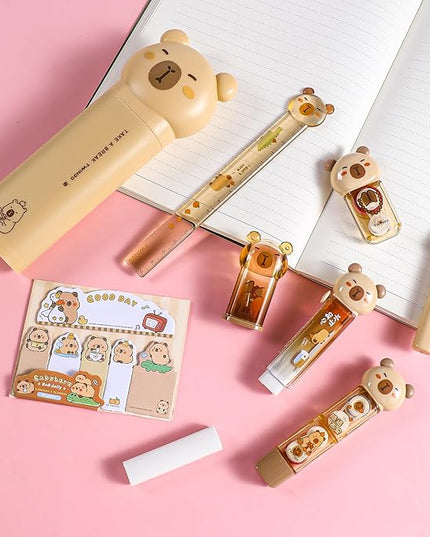 9 Pcs Cute Capybara Stationary Set Kawaii School Supplies Japanese Stationery, Includes Pencil Sharpener, Eraser, Correction Tape, Glue Tape, Sticky Notes, Ruler, Scissors for Office School Supplies