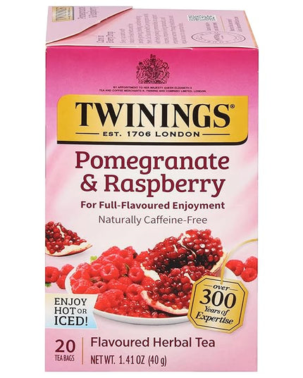 Twinings Pomegranate & Raspberry Herbal Tea Individually Wrapped Bags, 20 Count (Pack of 1), Naturally Caffeine-Free, Enjoy Hot or Iced, 20 Teabags