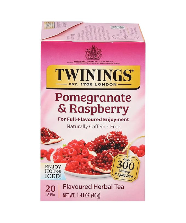 Twinings Pomegranate & Raspberry Herbal Tea Individually Wrapped Bags, 20 Count (Pack of 1), Naturally Caffeine-Free, Enjoy Hot or Iced, 20 Teabags