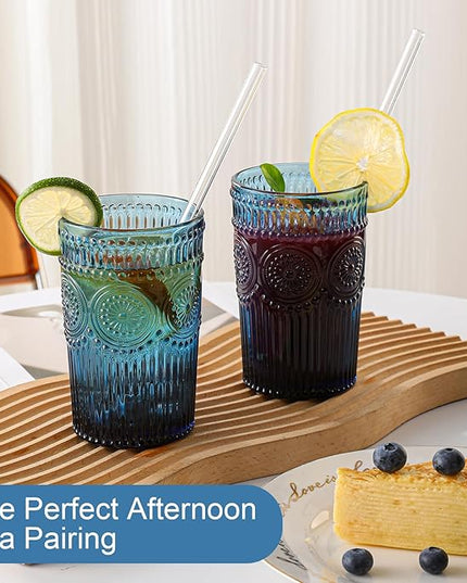 Vintage Glassware Drinking Glasses Set of 6,13 oz Blue Textured Flower Design Glass Water Tumblers，Embossed Striped Drinkware for Water,Cocktails,Juice,Iced Coffee