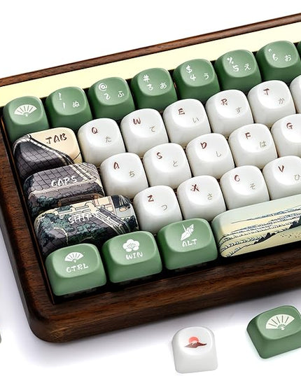 OHY XVX MOA Profile Keycaps Set, Japanese Mount Fuji Theme, 129 - Key White & Green Custom Keycaps with PBT + Frosted Translucent PC Material for US Layout Mechanical Keyboards