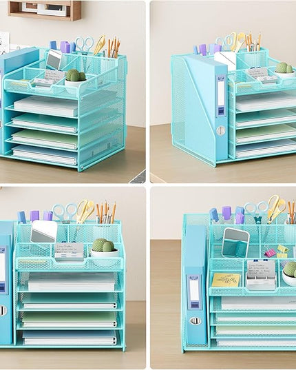 Lavatino 5-Tier Metal Mesh Desk Organizer with File Holder & 7 Customizable Compartments | Paper Letter Tray for Office or Home Desk Storage | Keep Workspace Supplies Neat & Organized, Blue