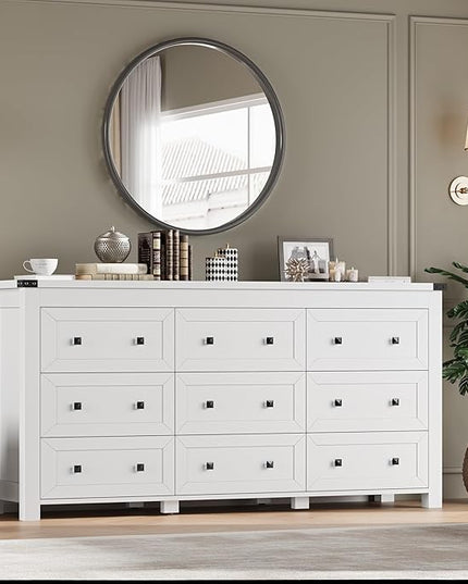 BORNOON 9-Drawer Dresser, Modern Wooden Storage Chest of Drawers, Dresser TV Stand, Wood Drawer Organizer with Metal Handles for Bedroom, Living Room, Hallway
