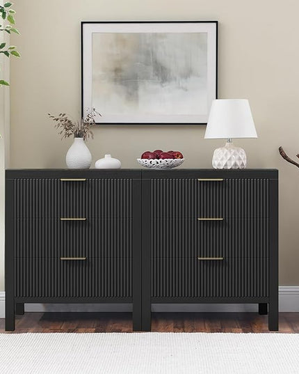 LSKTGA 3 Drawer Dresser, Chest of Drawers Organizer with Waveform Panel, Large Fluted Dresser with Wide Drawers and Golden Handles, Wood Storage for Bedroom, Hallway, Entryway, Black