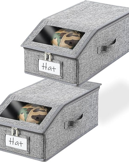 Linen Hat Organizer for Baseball Cap, Hat Storage for Closet with Clear Window, Breathable Fabric Cap Box for Snacks, Socks, Stackable Hat Storage Organizer for Men/Women(2 Pack,Grey)