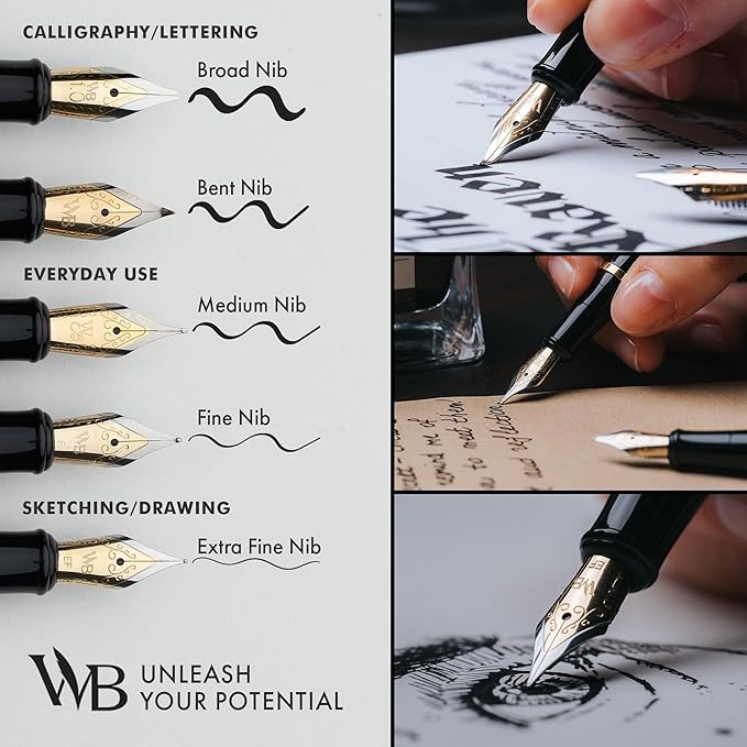 Wordsworth & Black Fountain Pen Set, 18K Gilded Medium Nib, Includes 24 Pack Ink Cartridges, Ink Refill Converter & Gift Box, Gold Finish, Calligraphy, [White Gold], Perfect for Men & Women
