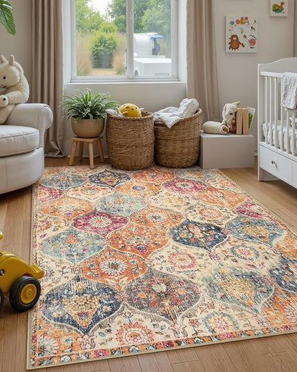 Lahome Moroccan Washable Area Rugs 9x12 Living Room, Soft 9x12 Area Rug for Bedroom, Oriental Non-Slip Non Shedding Throw Large Carpet for Dining Room Office, Cream/Multi