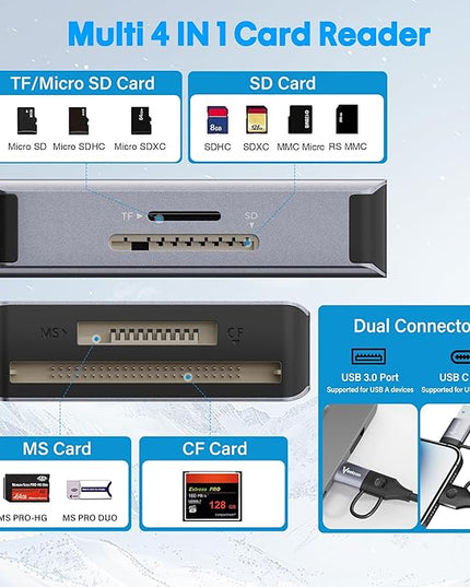 Multi OTG SD Card Reader, 4-in-1 USB C USB 3.0 Dual Connector Adapter Simultaneously Read SD MS CF TF SDXC, SDHC,Card Viewer, for iPhone 17/16, iPad,Tablets, PC, MacBook, Plug & Play