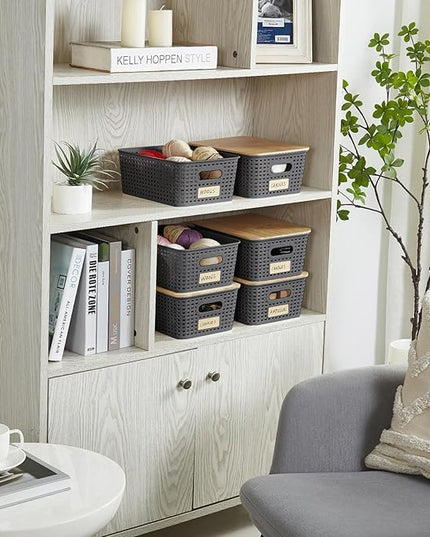 Small Plastic Storage Bins with Bamboo Lids 5.2qt Stackable Box Basket Pantry Decorative Containers Cute with Lable for Organizing Desktop Closet Office Gray of 6 packs 10 * 7.2 * 4.1'’