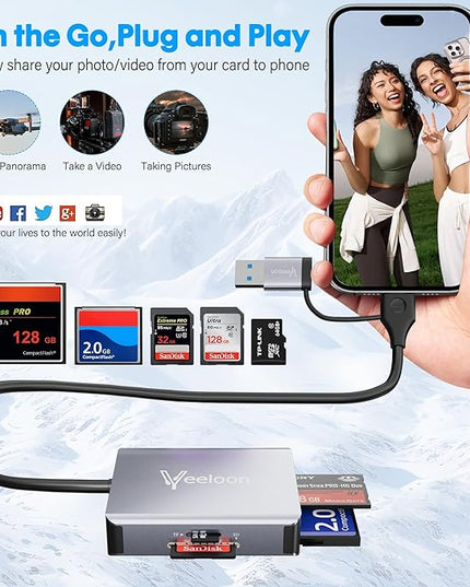 Multi OTG SD Card Reader, 4-in-1 USB C USB 3.0 Dual Connector Adapter Simultaneously Read SD MS CF TF SDXC, SDHC,Card Viewer, for iPhone 17/16, iPad,Tablets, PC, MacBook, Plug & Play