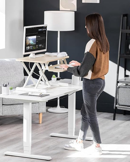 VIVO 28 inch Desk Converter, K Series, Height Adjustable Sit to Stand Riser, Dual Monitor and Laptop Workstation with Keyboard Tray, Light Wood Top, White Frame, DESK-V028KF