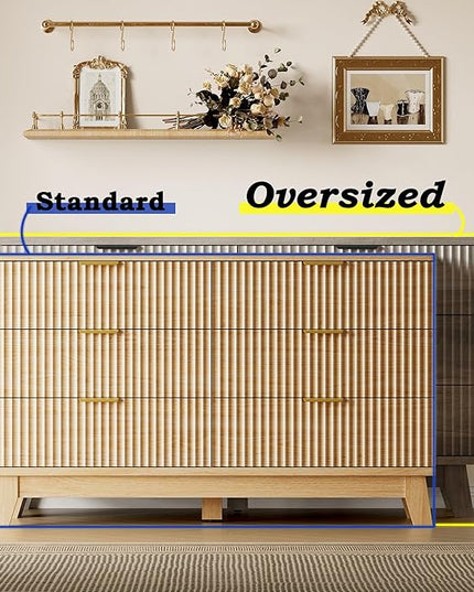 BORNOON 53" Long Dresser for Bedroom, 6-Drawer Dresser with Fluted Fronts, Wide Wood Chest of Drawers, Smooth Metal Slides, Stable Base, Modern Clothes Storage Cabinet for Living Room, Hallway