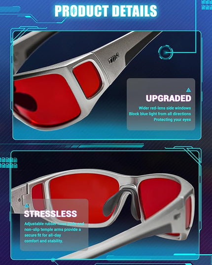 TIJN Sonia Sleep Glasses for Blue & Green Light Blocking,Red Lens with Dual AR Coating,Wraparound Frame for Gaming Screen
