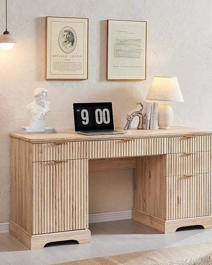 JXQTLINGMU 58" Modern Executive Desk with Storage, Wood Home Office Desk with 5 Drawers & 1 Cabinet, Fluted Computer Writing Desk for Study, Living Room, Bedroom, Oak