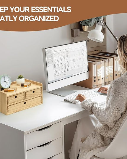 KIRIGEN Wood Organizer Shelf with 3 Drawers for Home Kicthen Decor Office Supplies Desktop Cabinet for Drawer Organizer - Desk Accessories Storage Box -Countertop Shelf Natural（DT2D3C-NA）