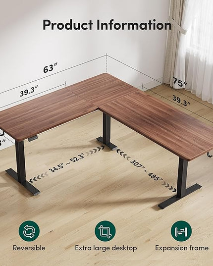 FEZIBO 63" x 55"L Shaped Standing Desk Adjustable Height, 63 Inch Electric Stand up Corner Computer Desk, Sit Stand Home Office Desk with Splice Board, Black Frame/Black Walnut Top