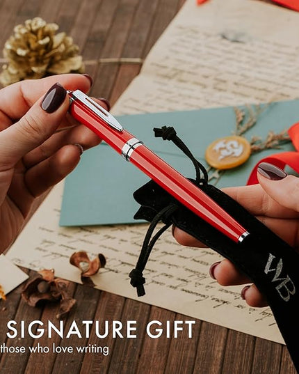 Wordsworth & Black Fountain Pen Set, Medium Nib, Includes 24 Pack Ink Cartridges, Ink Refill Converter & Gift Pouch, Chrome Finish, Calligraphy, [Crimson Red], Perfect for Men & Women