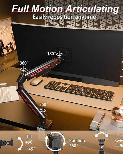 Monitor Arm for 17-35" Screens up to 24.2 lbs, Ergonomic Gas Spring Monitor Stand with Height Adjust, Tilt, Swivel & Cable Management, VESA Desk Mount with 2 Types of Installation, Black