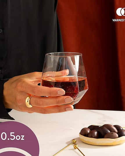 Hexagon Stemless Wine Glasses Set of 6 – Elegant 10.5 oz, Durable, Dishwasher Safe, Spill-Proof Design, Perfect for Wine, Cocktails, Whiskey, Everyday Use, Dinner Parties, and Entertaining, Giftable