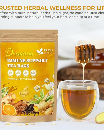 FreshDrinkUS, Premium 30 Tea Bags Immune Support Herbal Tea, Ginger, Cinnamon, Chamomile, Licorice Root, Black Pepper and Orange Peel – 100% Natural, Caffeine-Free, Vegan