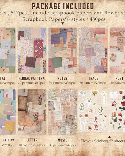 517 Pcs Vintage Scrapbook Paper,Scrapbook Supplies Stickers,Journaling Supplies Include 37 Pcs Flowers Stickers Aesthetic Journal Paper for Planner,Bullet Journaling,Junk Journal