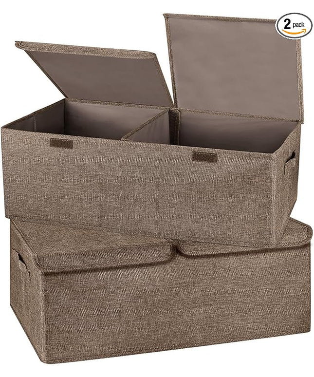 2 Pack Storage Boxes with Lids and Handles, Collapsible Linen Storage Bins Organizer Containers Baskets Cube with Removable Divider for Home Bedroom Closet Office (Coffee, Small)