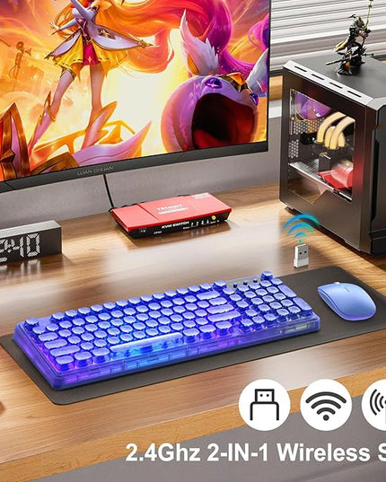 Blue Light Up Keyboard and Mouse Wireless,Cute 2.4Ghz Cordless Rechargeable Transparent Backlit Keyboard,15 Backlight Effects,Volume Knob,RGB Mouse with 3 DPI for Mac Computer PC Laptop Desktop iPad