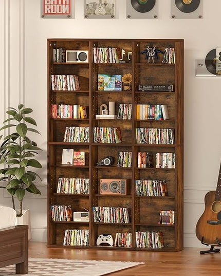 LELELINKY 8 Tier Tall Display Cabinet, Brown Media Storage Cabinet with Adjustable Shelves, Free Standing DVD Organizer Shelf, Floor Multimedia Storage Manga Bookshelf for Living Room & Home Office.