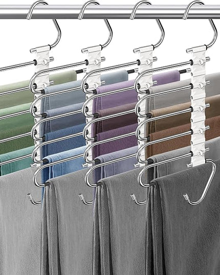 Upgrade Pant Hangers Space Saving, Non Slip Stainless Steel Multifunctional Pants Rack S-Type Clothes Pant Closet Hanger Organizer with Hooks for Pants Jeans Trousers Scarf Skirts (Pure White, 4 Pack)