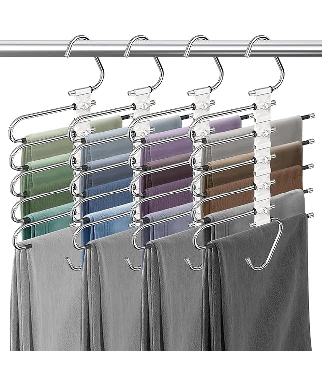 Upgrade Pant Hangers Space Saving, Non Slip Stainless Steel Multifunctional Pants Rack S-Type Clothes Pant Closet Hanger Organizer with Hooks for Pants Jeans Trousers Scarf Skirts (Pure White, 4 Pack)