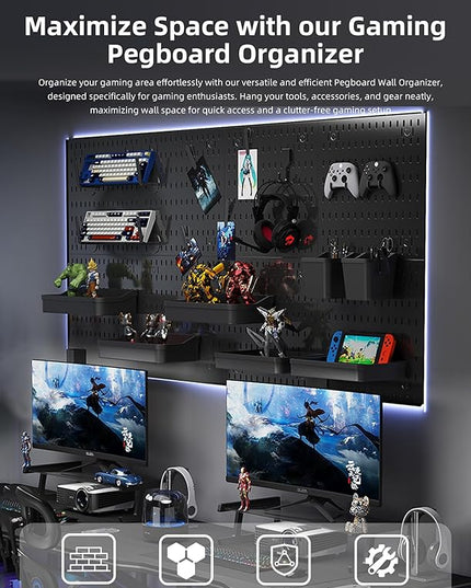 Wall Organizer Peg Board - Elevate And Declutter Your Gaming And Office - Create A Perfectly Structured Space(Black)