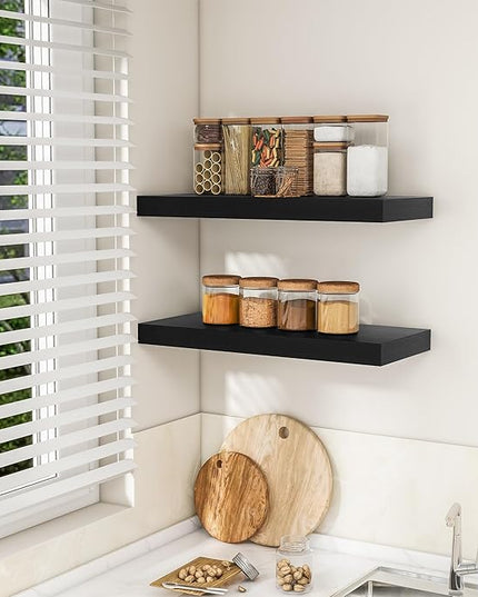 RICHFOCUS 24Inch Floating Shelves for Wall 2 Pack Shelves for Bedroom|Kitchen|Bathroom Wall Mounted Rustic Wood Floating Shelf with Invisible Brackets for Books|Storage|Decor, Black